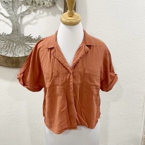 Cotton On Cropped Short Sleeve Button Down Shirt Burnt Orange Large